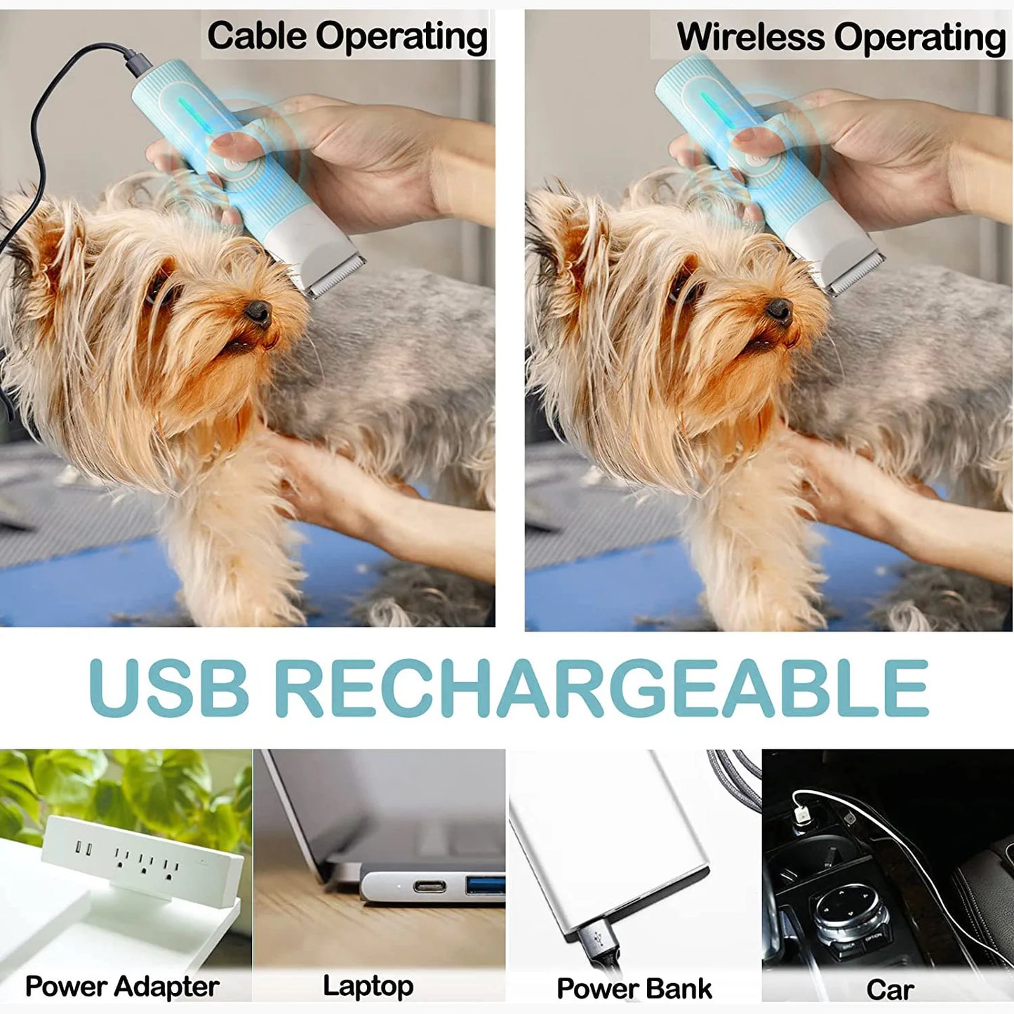 Professional Dog Cat Clippers Kit - 4-in-1 Quiet Grooming Trimmer with Washable Blade & Paw Comb, Rechargeable Pet Hair Clipper