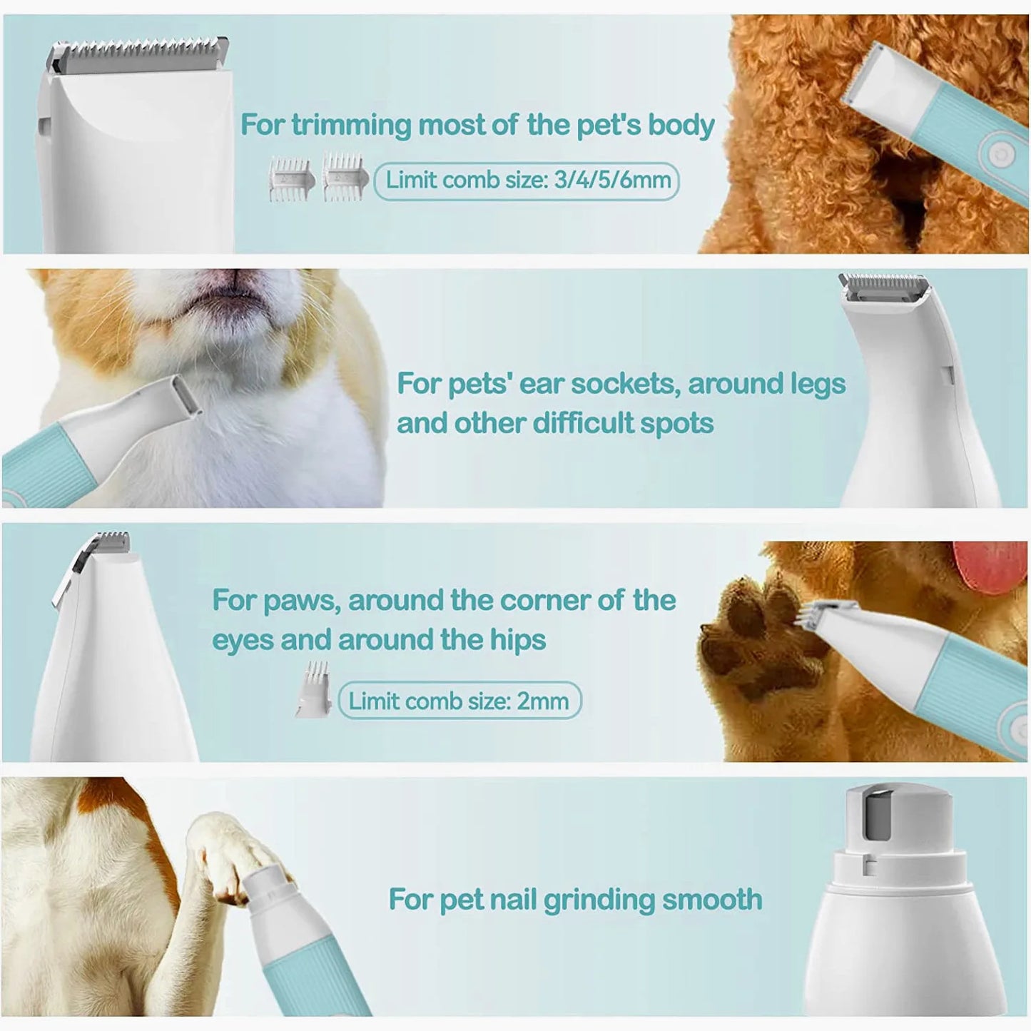 Professional Dog Cat Clippers Kit - 4-in-1 Quiet Grooming Trimmer with Washable Blade & Paw Comb, Rechargeable Pet Hair Clipper