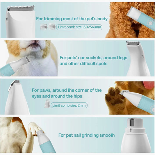 Professional Dog Cat Clippers Kit - 4-in-1 Quiet Grooming Trimmer with Washable Blade & Paw Comb, Rechargeable Pet Hair Clipper